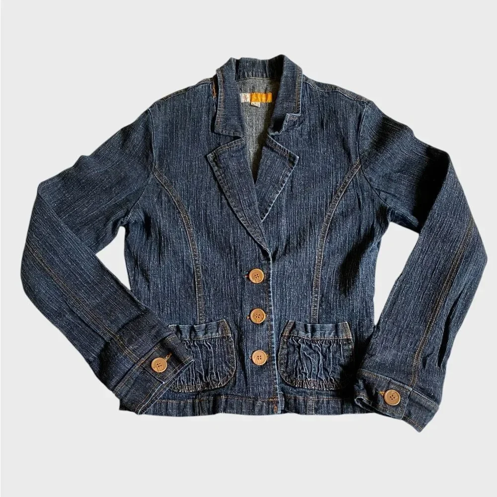 Tulle Women's Three-Button Denim Jacket Sz L Fitted Pockets Retro Chic Coquette